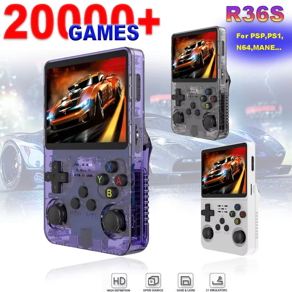R36S Portable Handheld Game Console with 3.5-Inch IPS Screen, 64GB Storage, Open Source Linux System for Retro Arcade Games